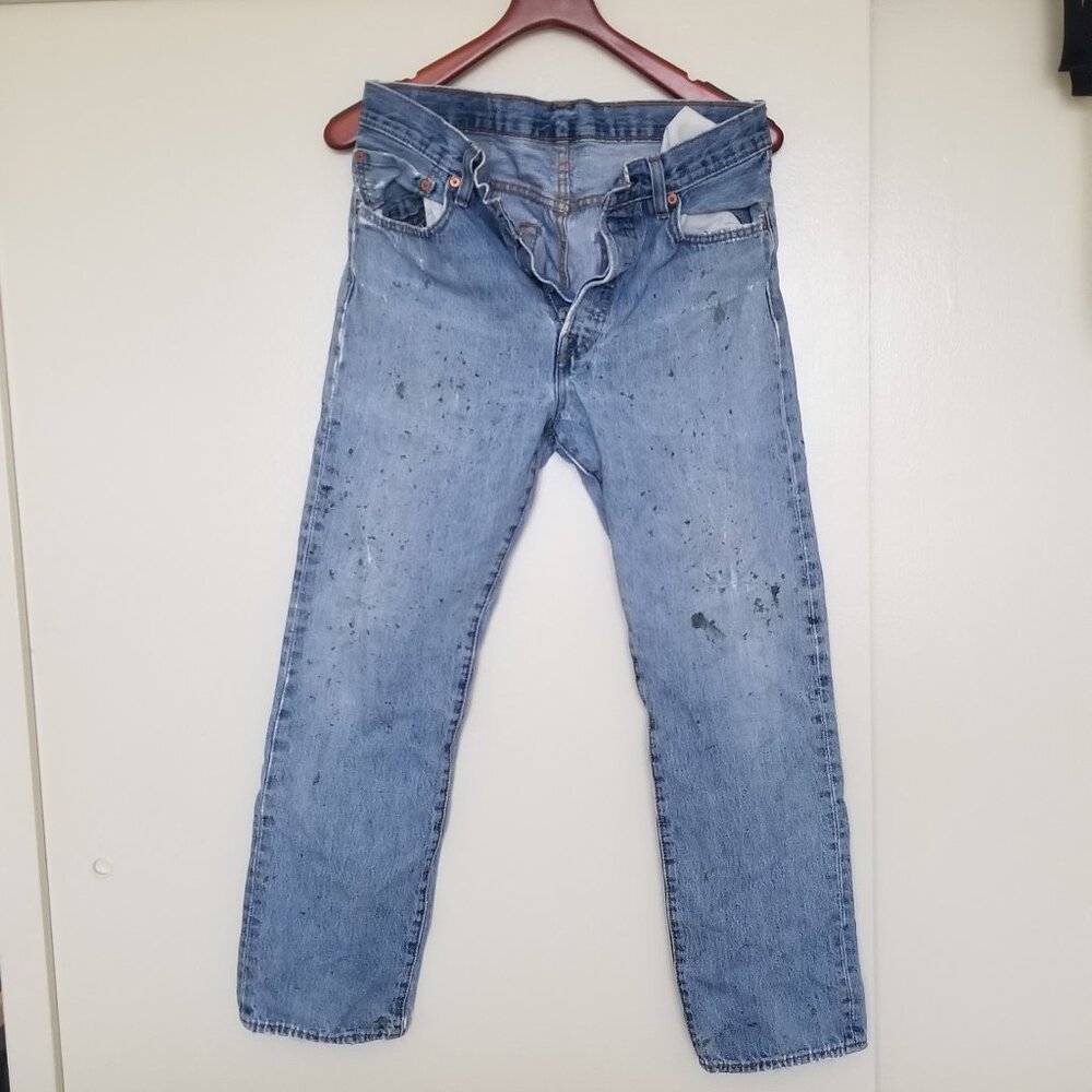 Vintage Levi's 501 Acid Washed Jeans with distress and oil spots